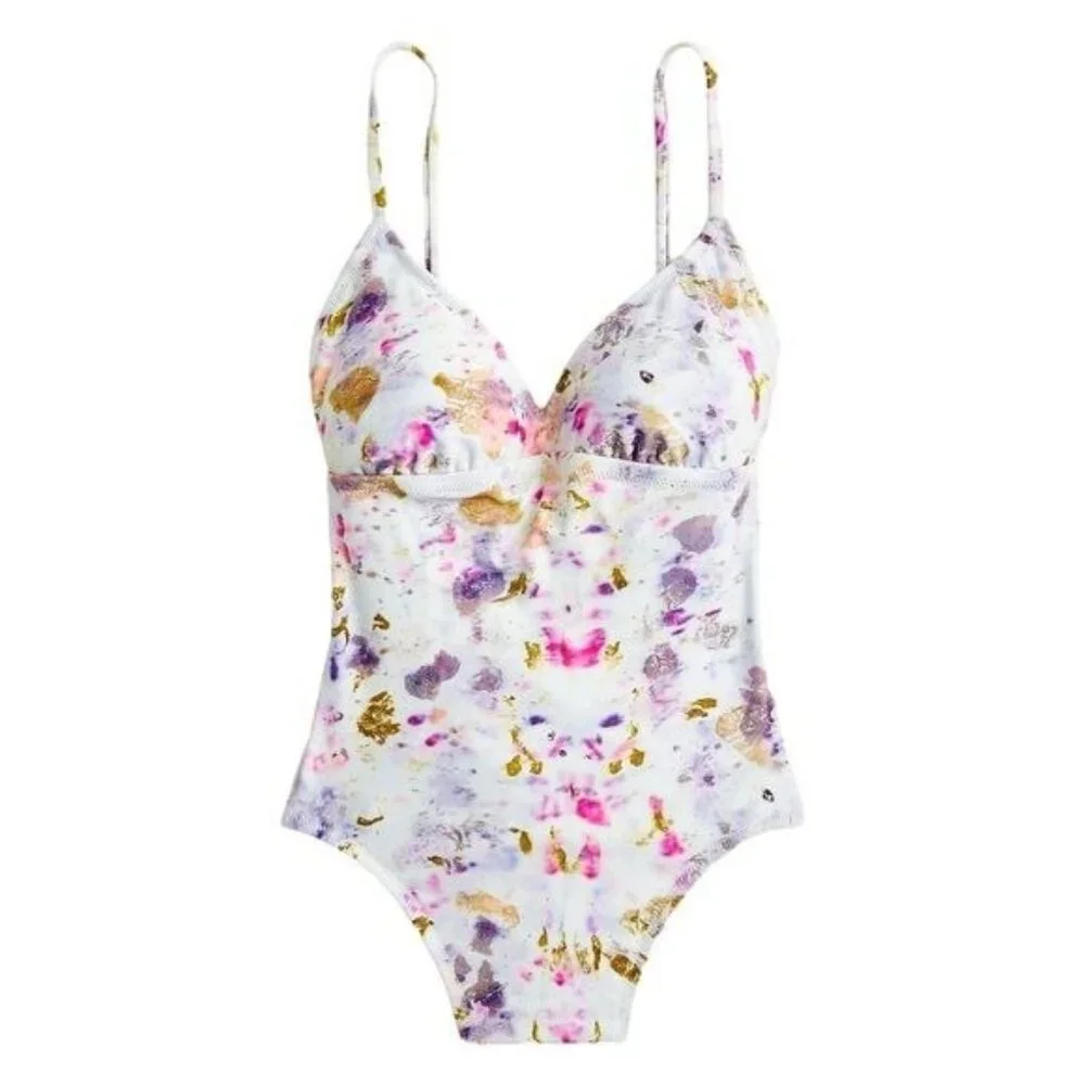 J. Crew X Flora Obscura One Piece Strappy Back Plunge in Kaleidoscope Floral NWT - Picture 1 of 8